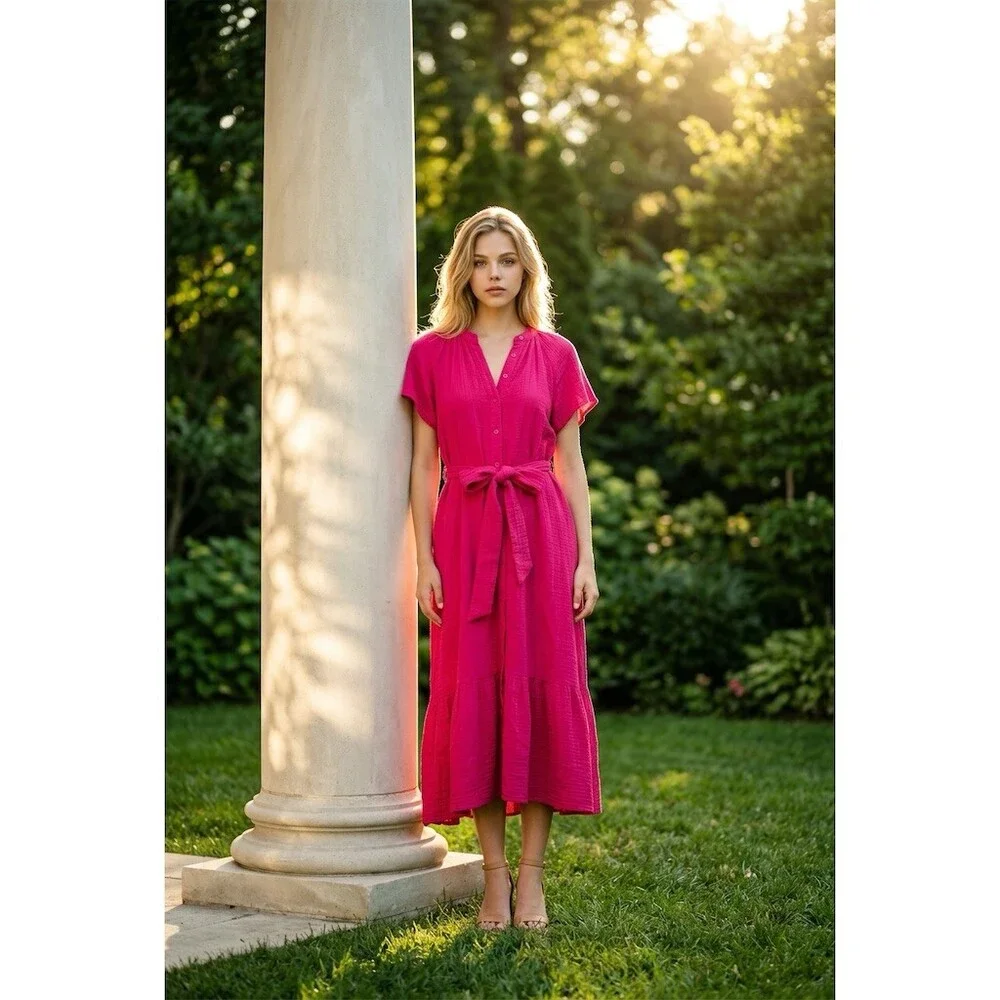 TwentyTen Shirt Dress Womens Size S Hot Pink Midi Button Front Tie Waist - Picture 2 of 4